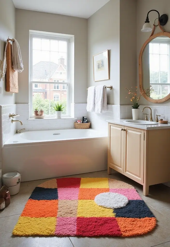25 Bathroom Rug Ideas for a Master Spa Vibe - 11. Color-Blocking Rugs