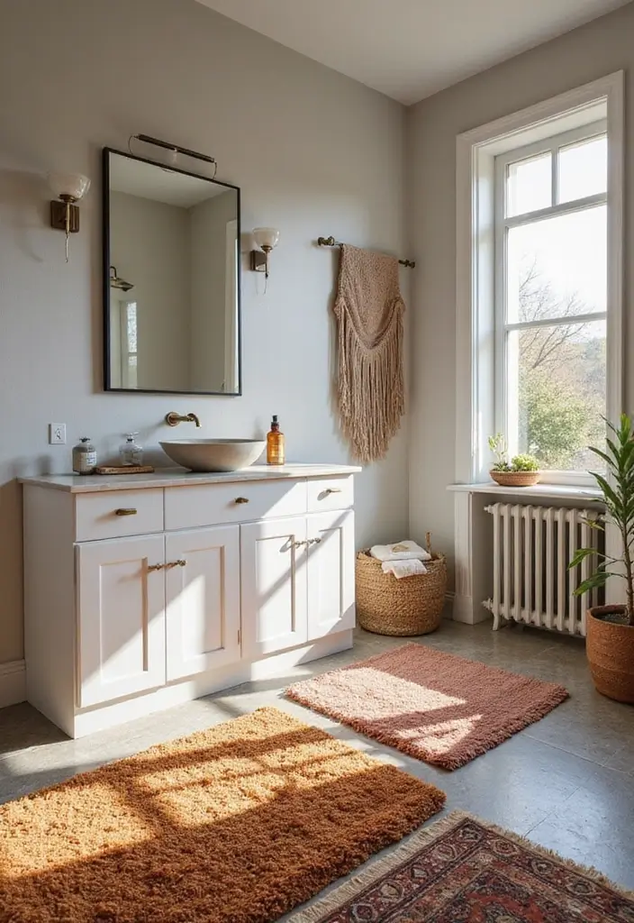 25 Bathroom Rug Ideas for a Master Spa Vibe - 21. Layered Rugs