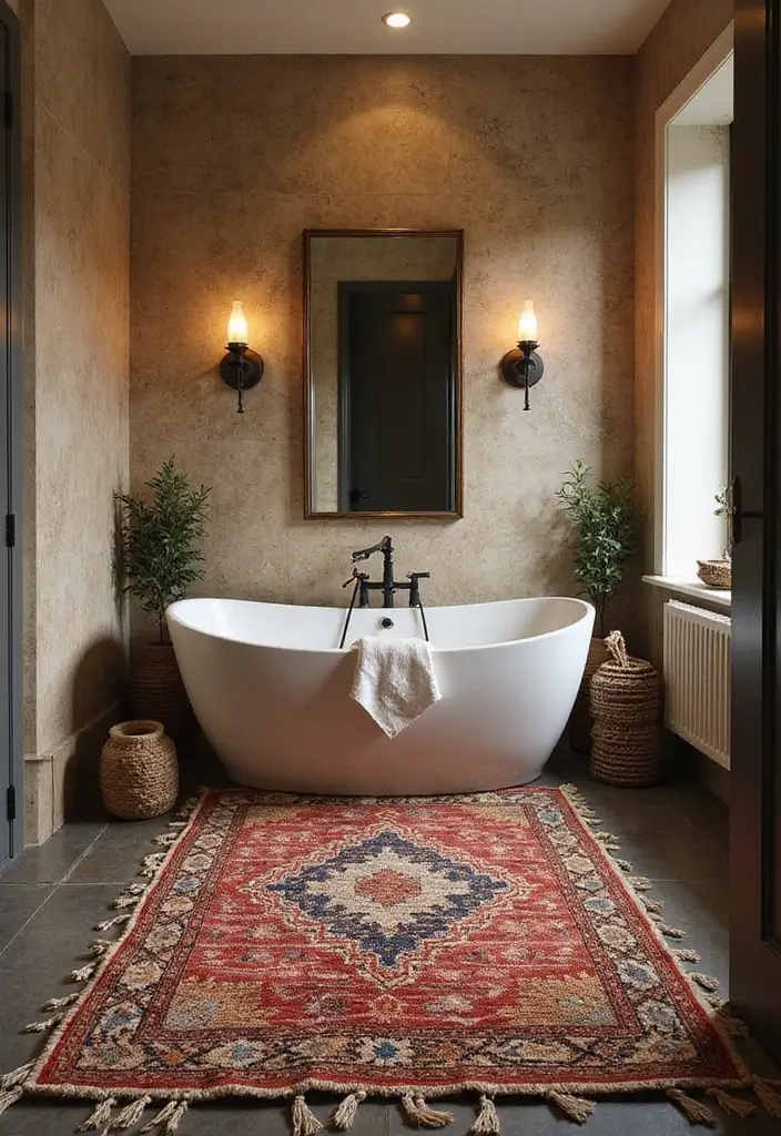 25 Bathroom Rug Ideas for a Master Spa Vibe - 9. Handwoven Rugs