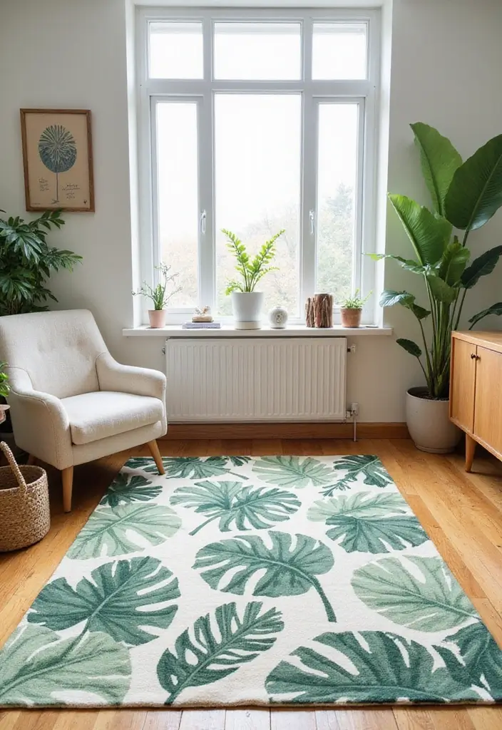 25 Living Room Rug Ideas for a Fresh Makeover 7 25 Living Room Rug Ideas for a Fresh Makeover - 7. Botanical Prints for a Fresh Vibe