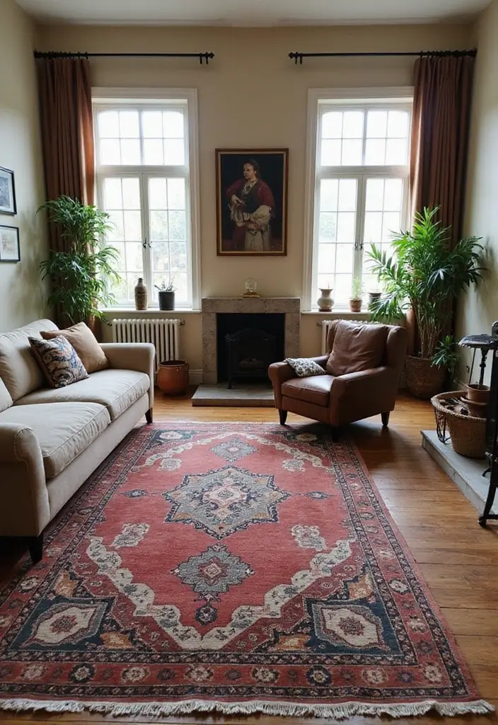 25 Living Room Rug Ideas for a Fresh Makeover 9 25 Living Room Rug Ideas for a Fresh Makeover - 9. Vintage Revival with Eco-Conscious Charm