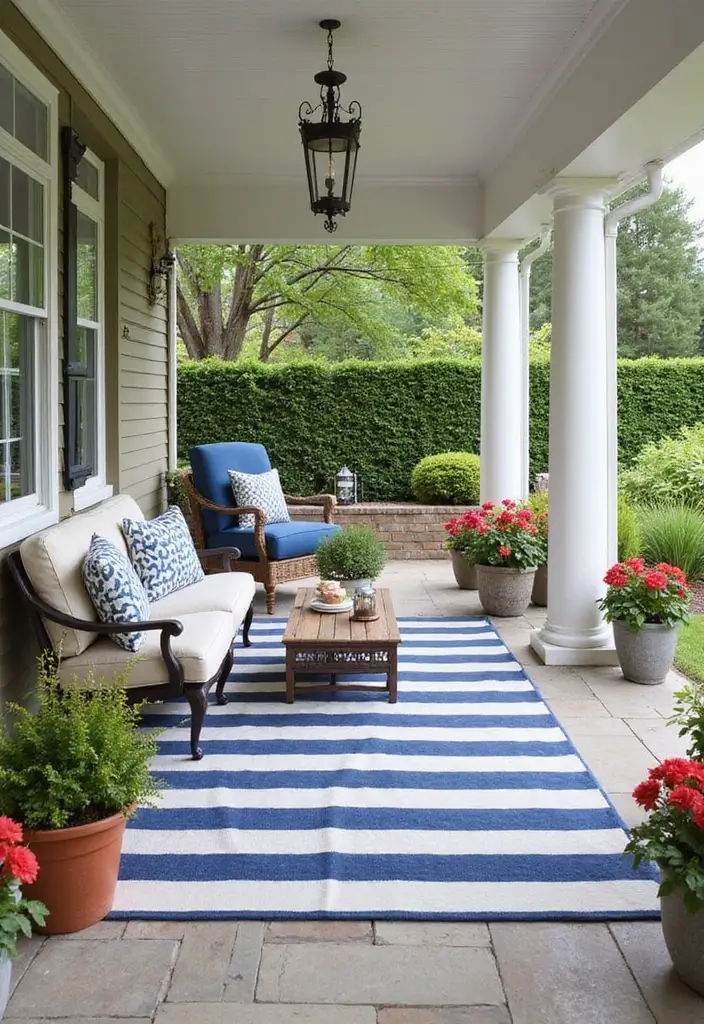 25 Outdoor Porch Rug Ideas to Refresh Your Home 3 25 Outdoor Porch Rug Ideas to Refresh Your Home - 3. Striped Rugs for Timeless Elegance