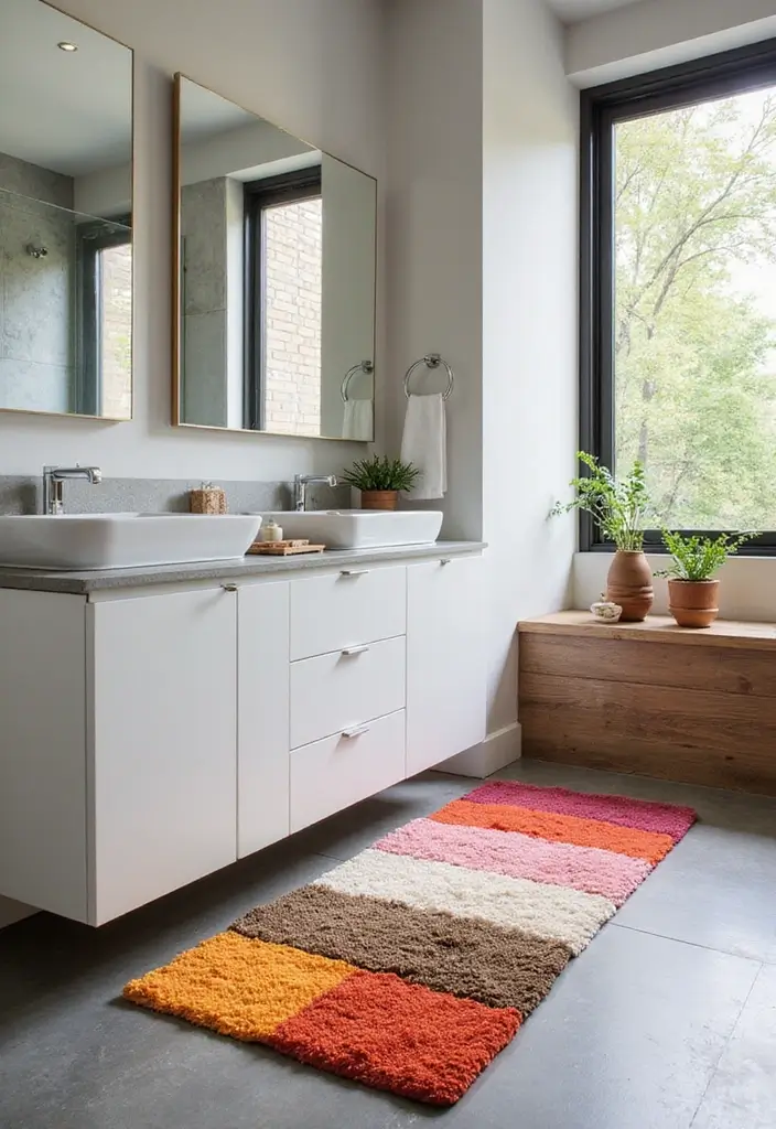 27 Bathroom Rug Ideas That Feel Luxurious and Fresh 14 27 Bathroom Rug Ideas That Feel Luxurious and Fresh - 14. Color-Block Rugs