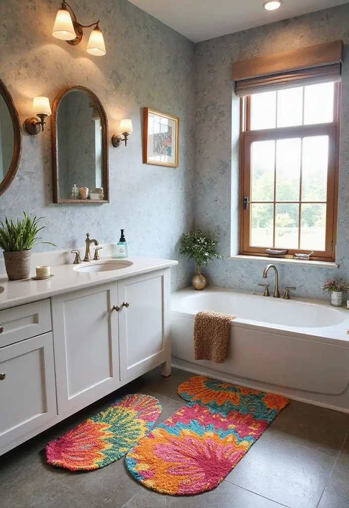 27 Bathroom Rug Ideas That Feel Luxurious and Fresh 18 27 Bathroom Rug Ideas That Feel Luxurious and Fresh - 18. Artistic Printed Rugs