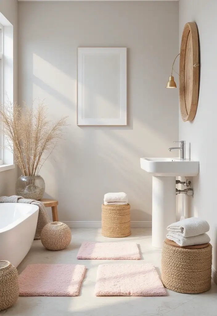 27 Bathroom Rug Ideas That Feel Luxurious and Fresh 19 27 Bathroom Rug Ideas That Feel Luxurious and Fresh - 19. Soft Pastel Mats
