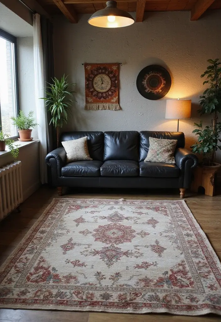 27 Chic Rugs That Match a Black Leather Couch 1 27 Chic Rugs That Match a Black Leather Couch - 1. Distressed Vintage Charm