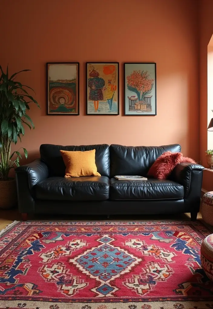 27 Chic Rugs That Match a Black Leather Couch 10 27 Chic Rugs That Match a Black Leather Couch - 10. Elegant Moroccan Patterns