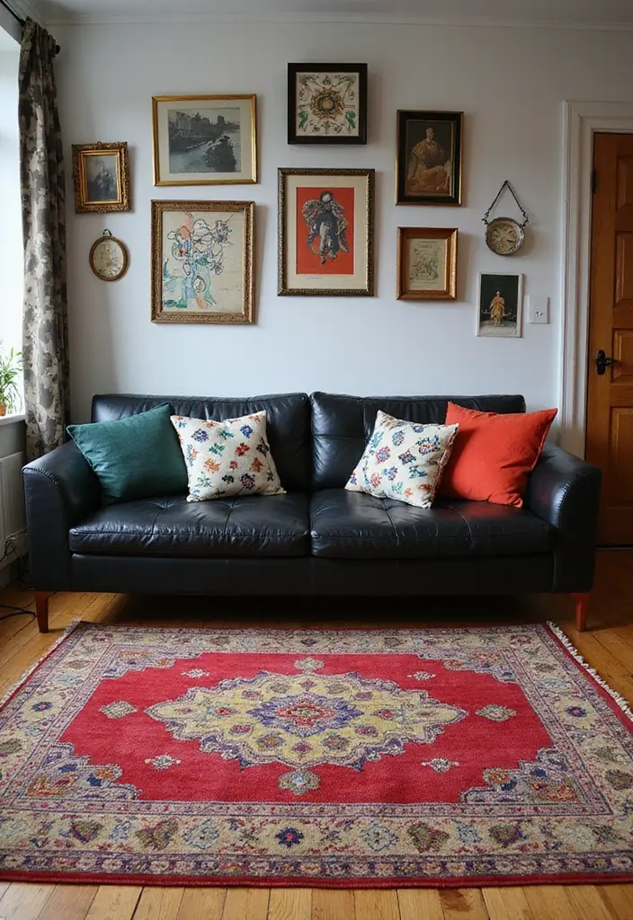 27 Chic Rugs That Match a Black Leather Couch 12 27 Chic Rugs That Match a Black Leather Couch - 12. Funky Retro Designs