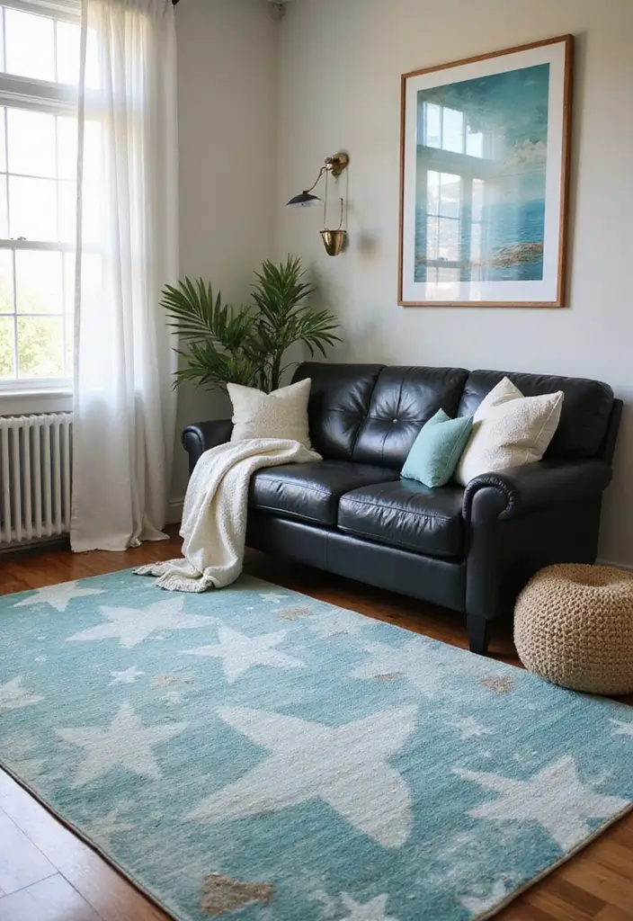 27 Chic Rugs That Match a Black Leather Couch 13 27 Chic Rugs That Match a Black Leather Couch - 13. Sea-Inspired Designs