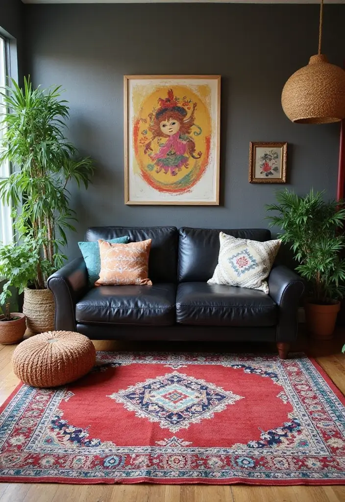 27 Chic Rugs That Match a Black Leather Couch 15 27 Chic Rugs That Match a Black Leather Couch - 15. Eclectic Bohemian Mix