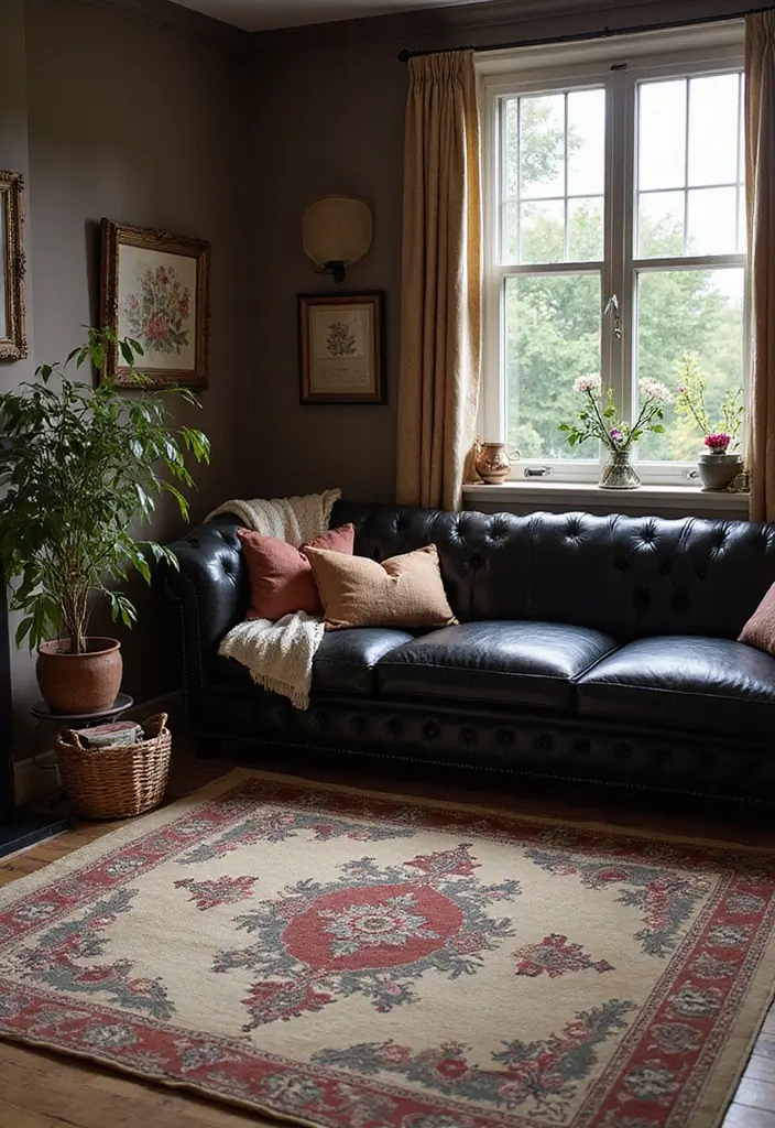 27 Chic Rugs That Match a Black Leather Couch 16 27 Chic Rugs That Match a Black Leather Couch - 16. Romantic Floral Patterns