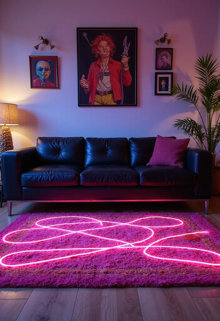 27 Chic Rugs That Match a Black Leather Couch 17 27 Chic Rugs That Match a Black Leather Couch - 17. Funky Neon Colors