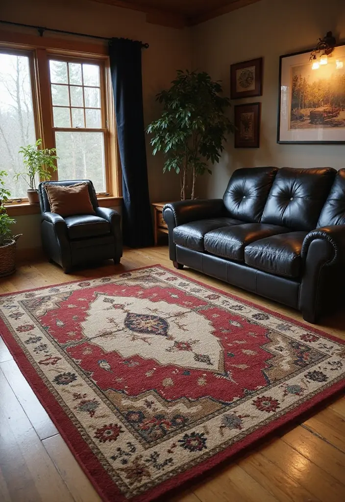 27 Chic Rugs That Match a Black Leather Couch 18 27 Chic Rugs That Match a Black Leather Couch - 18. Rustic Cabin Vibes