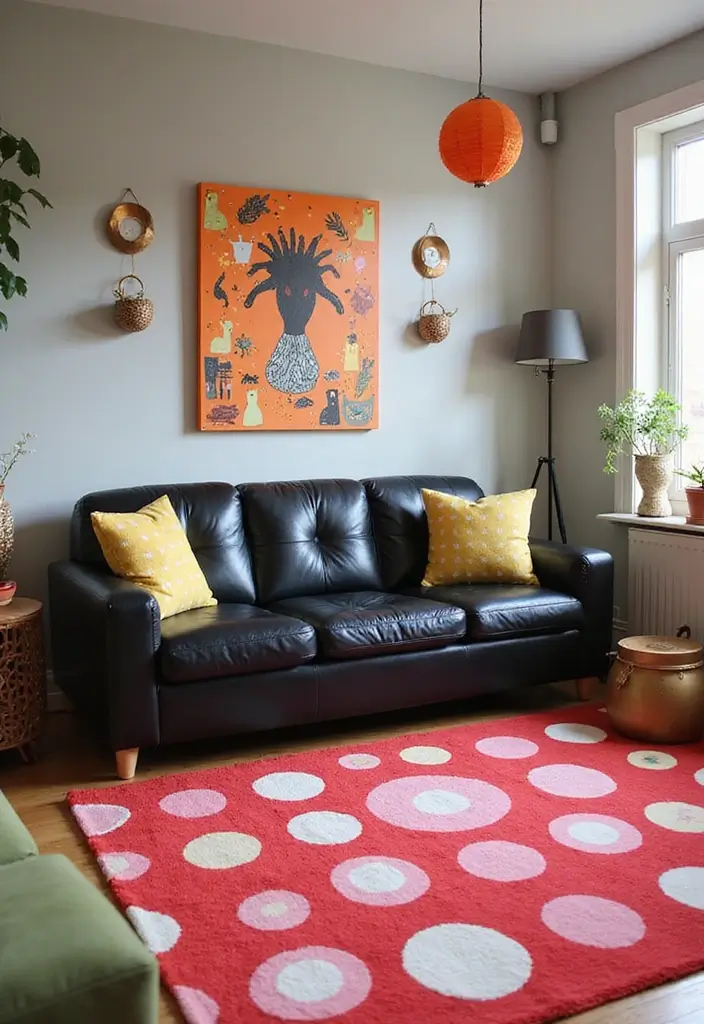 27 Chic Rugs That Match a Black Leather Couch 19 27 Chic Rugs That Match a Black Leather Couch - 19. Playful Polka Dots