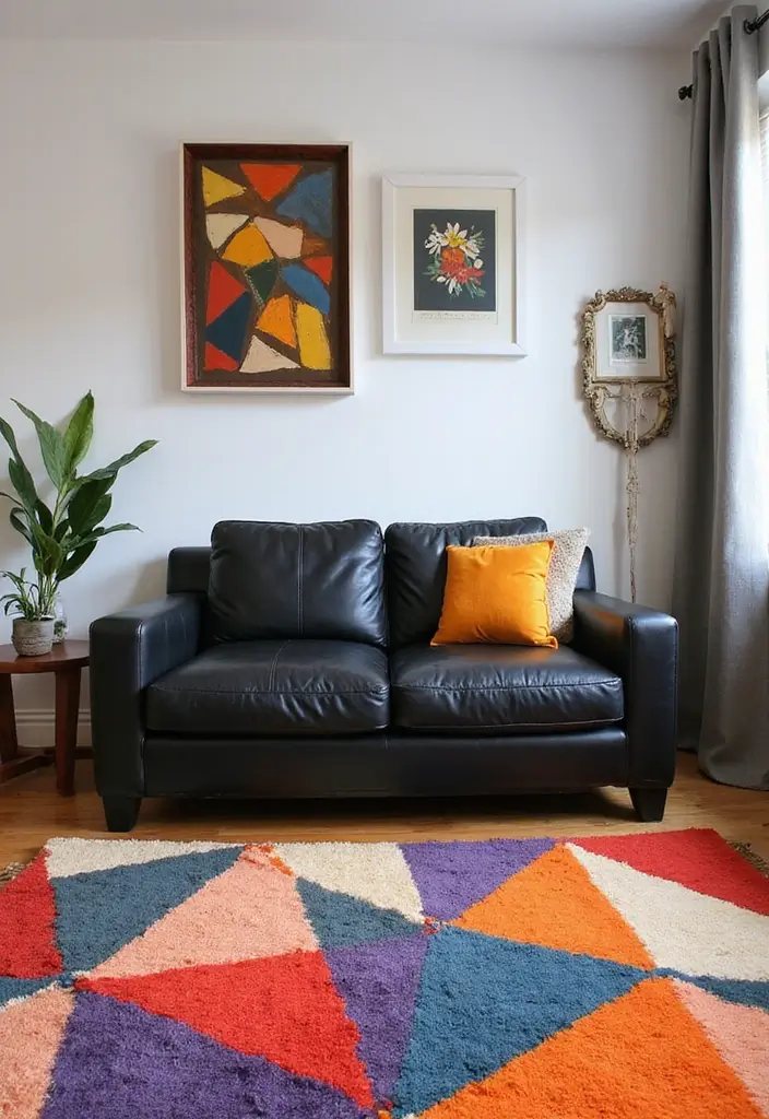 27 Chic Rugs That Match a Black Leather Couch 2 27 Chic Rugs That Match a Black Leather Couch - 2. Geometric Patterns for a Bold Statement