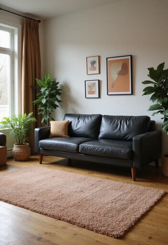 27 Chic Rugs That Match a Black Leather Couch 21 27 Chic Rugs That Match a Black Leather Couch - 21. Earthy Tones for Warmth