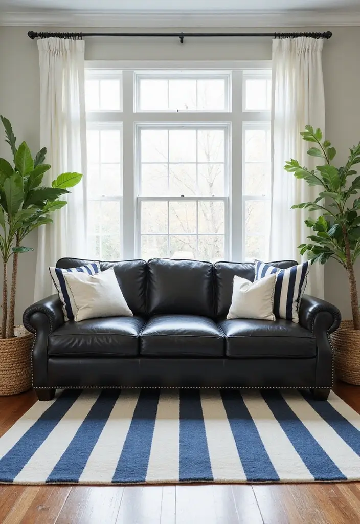 27 Chic Rugs That Match a Black Leather Couch 23 27 Chic Rugs That Match a Black Leather Couch - 23. Coastal Stripes for a Nautical Feel