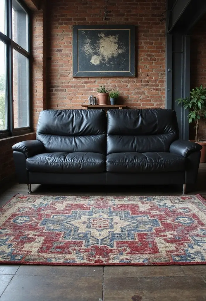 27 Chic Rugs That Match a Black Leather Couch 24 27 Chic Rugs That Match a Black Leather Couch - 24. Urban Chic with Concrete Patterns