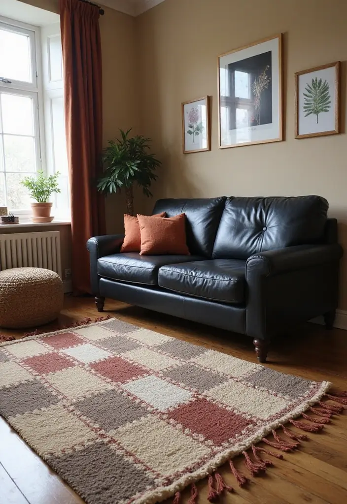 27 Chic Rugs That Match a Black Leather Couch 25 27 Chic Rugs That Match a Black Leather Couch - 25. Charming Checks