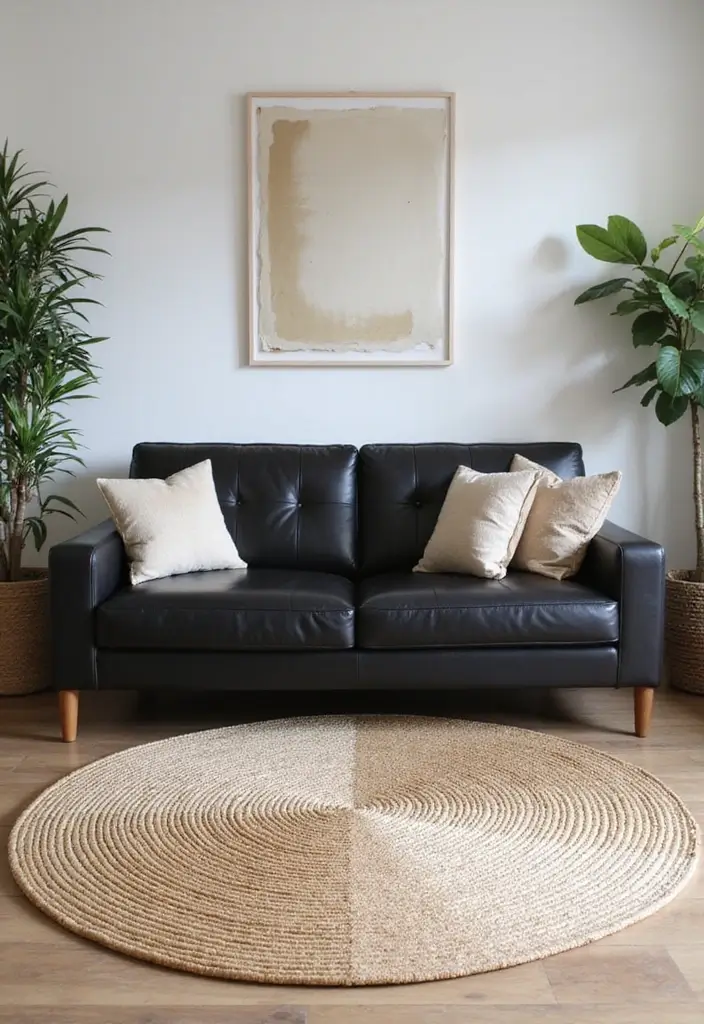 27 Chic Rugs That Match a Black Leather Couch 3 27 Chic Rugs That Match a Black Leather Couch - 3. Natural Fiber for Earthy Elegance