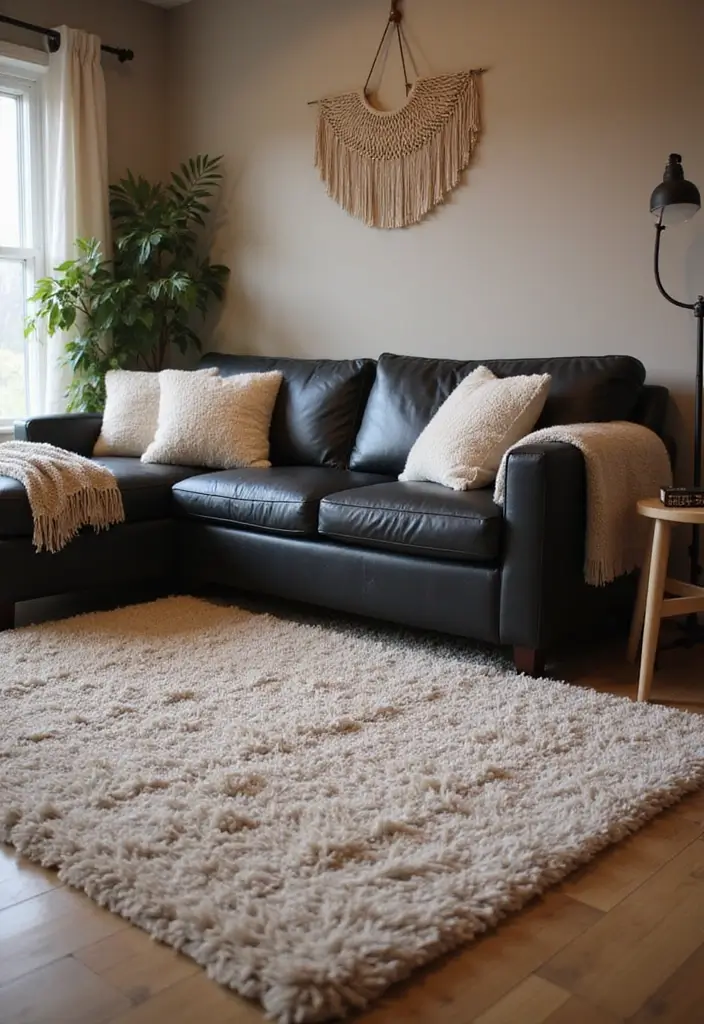 27 Chic Rugs That Match a Black Leather Couch 5 27 Chic Rugs That Match a Black Leather Couch - 5. Cozy Shag for Comfort