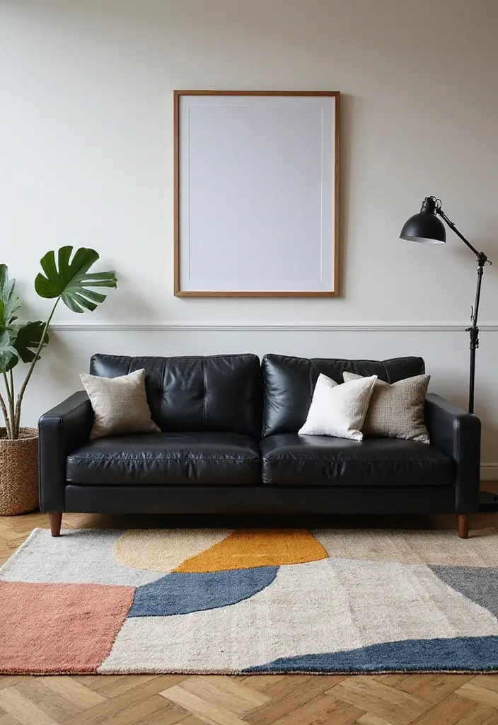 27 Chic Rugs That Match a Black Leather Couch 6 27 Chic Rugs That Match a Black Leather Couch - 6. Artistic Abstract Designs