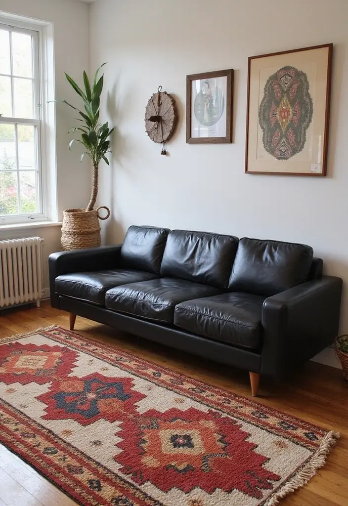 27 Chic Rugs That Match a Black Leather Couch 7 27 Chic Rugs That Match a Black Leather Couch - 7. Southwestern Flair with Tribal Patterns