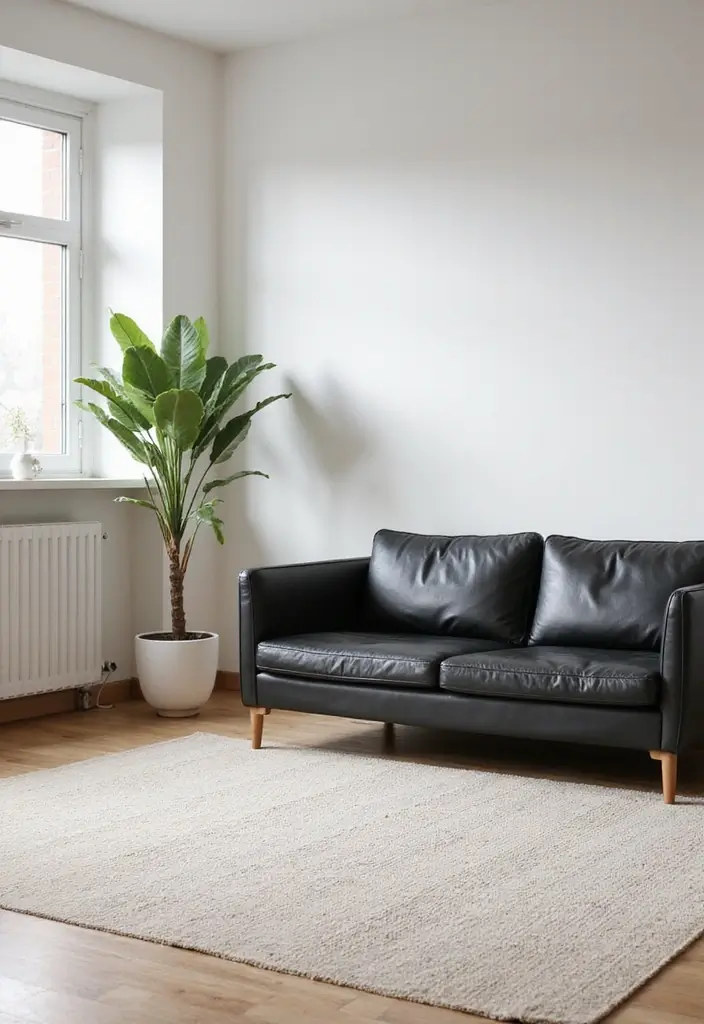 27 Chic Rugs That Match a Black Leather Couch 9 27 Chic Rugs That Match a Black Leather Couch - 9. Minimalist Scandinavian Style