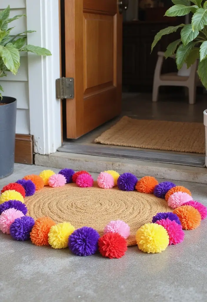 27 DIY Door Mat & Rug Ideas You Can Make Today - 12. Pom-Pom Doormat
