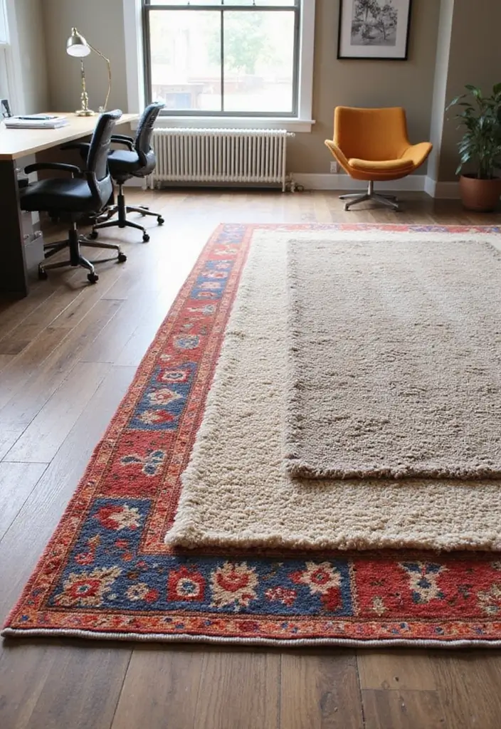 27 Office Rug Ideas for a More Productive Space - 14. Layered Rugs: Depth and Interest