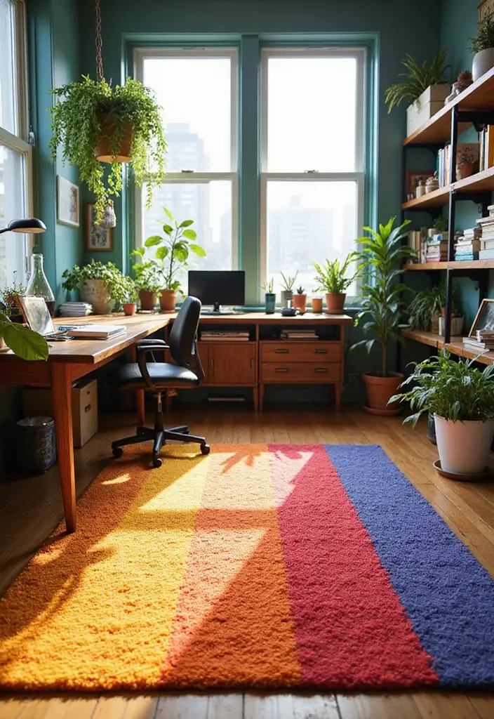 27 Office Rug Ideas for a More Productive Space - 16. Brightly Colored Rugs: Boost Mood