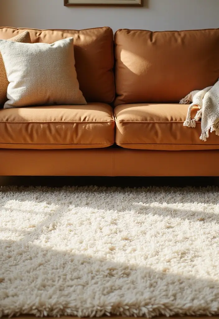 27 Rug Ideas That Match a Caramel Couch Perfectly 1 27 Rug Ideas That Match a Caramel Couch Perfectly - 1. Soft Cream Shag Rug