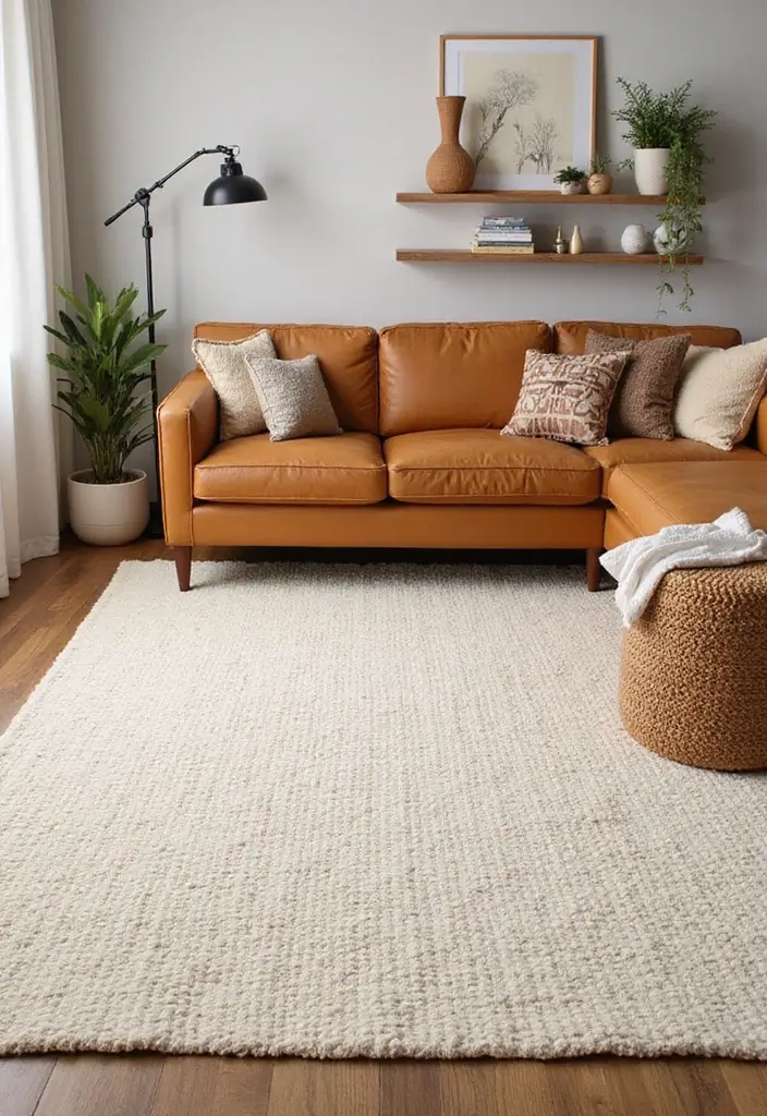 27 Rug Ideas That Match a Caramel Couch Perfectly 11 27 Rug Ideas That Match a Caramel Couch Perfectly - 11. Simple Cotton Flatweave Rug