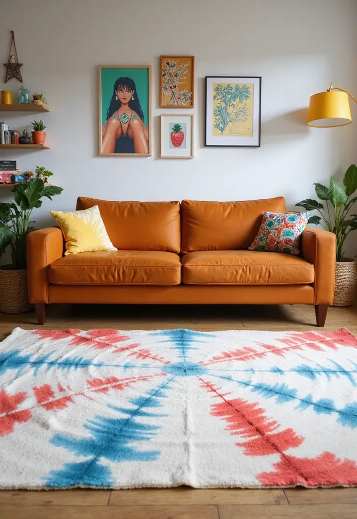 27 Rug Ideas That Match a Caramel Couch Perfectly 12 27 Rug Ideas That Match a Caramel Couch Perfectly - 12. Artistic Tie-Dye Rug