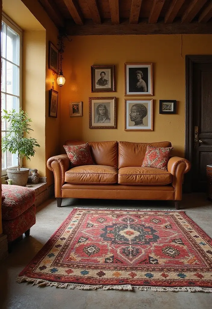 27 Rug Ideas That Match a Caramel Couch Perfectly 17 27 Rug Ideas That Match a Caramel Couch Perfectly - 17. Handwoven Kilim Rug