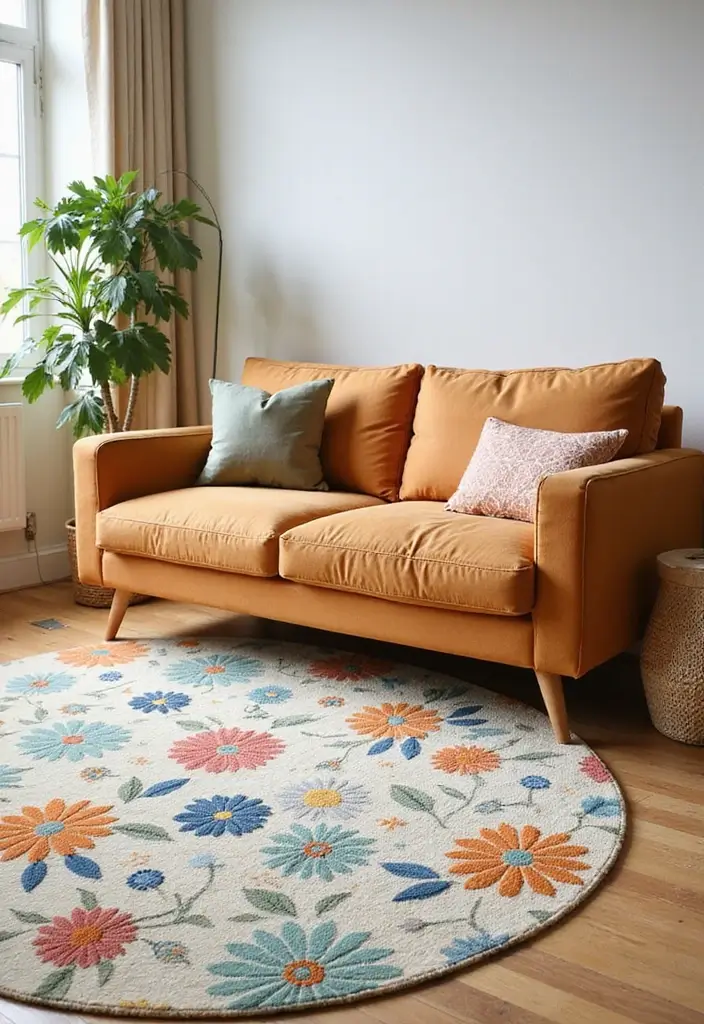 27 Rug Ideas That Match a Caramel Couch Perfectly 22 27 Rug Ideas That Match a Caramel Couch Perfectly - 22. Whimsical Floral Rug