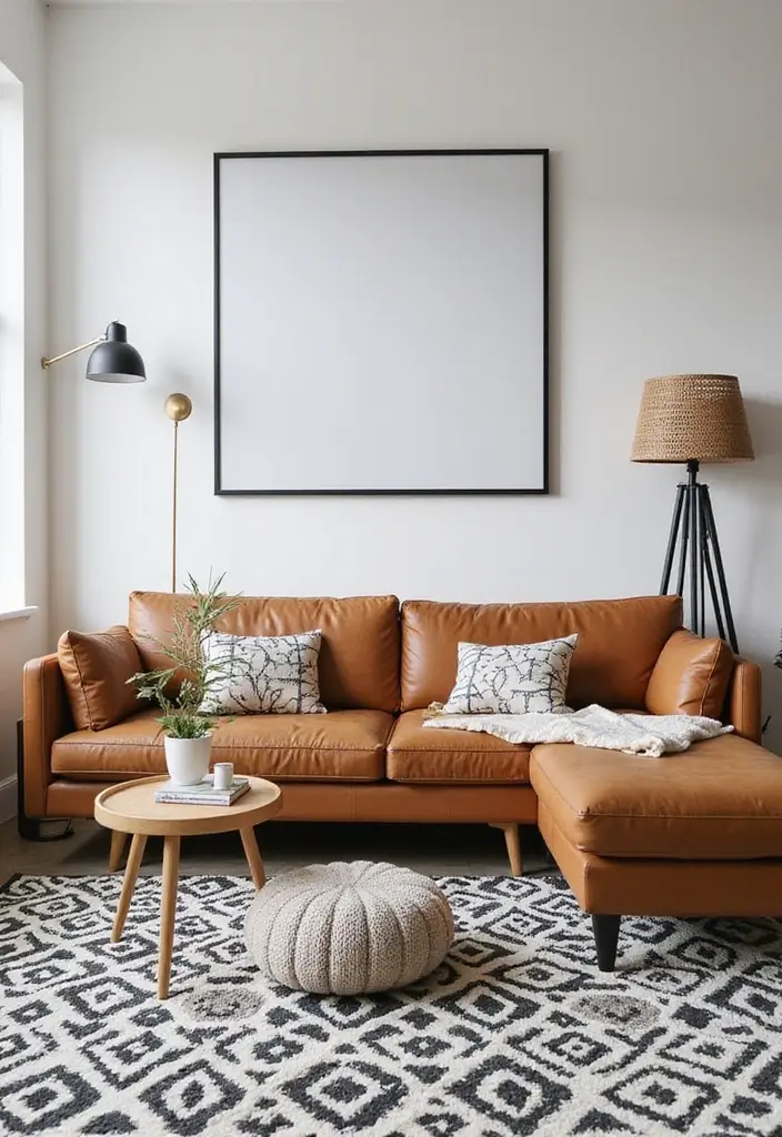 27 Rug Ideas That Match a Caramel Couch Perfectly 24 27 Rug Ideas That Match a Caramel Couch Perfectly - 24. Monochrome Black and White Rug