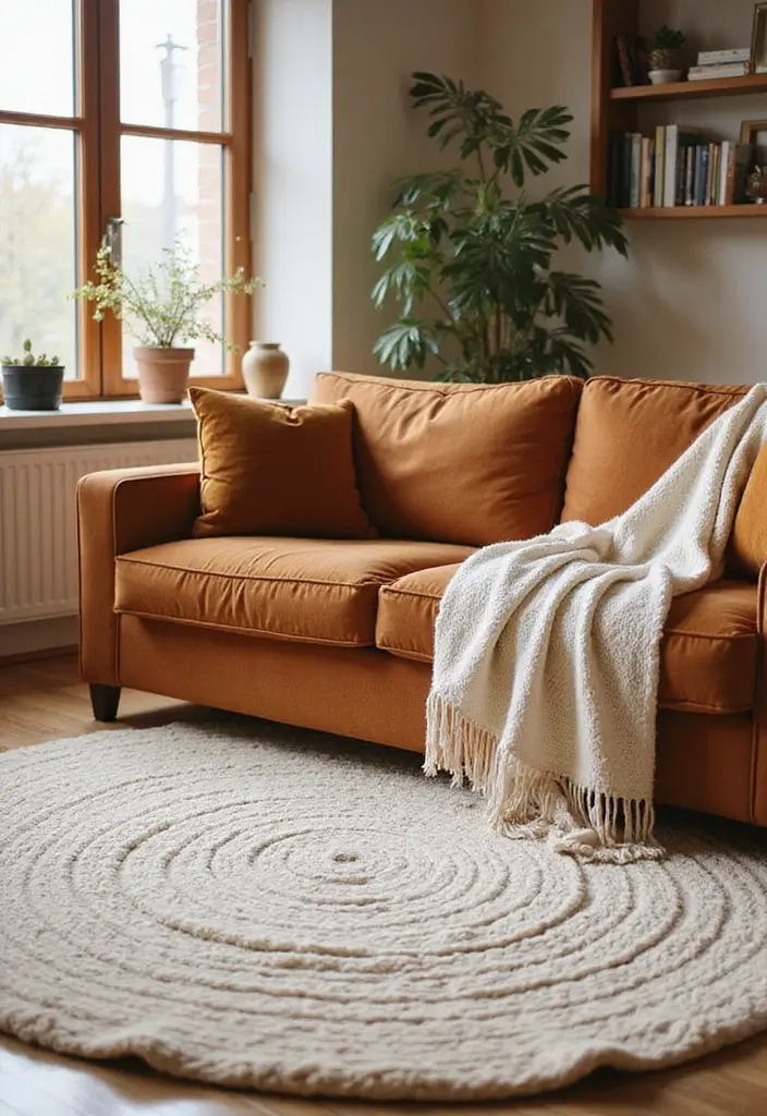 27 Rug Ideas That Match a Caramel Couch Perfectly 25 27 Rug Ideas That Match a Caramel Couch Perfectly - 25. Soft Boucle Rug