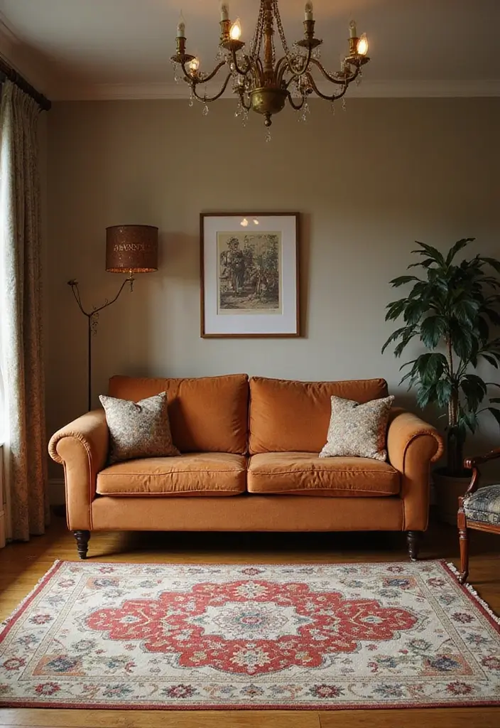 27 Rug Ideas That Match a Caramel Couch Perfectly 26 27 Rug Ideas That Match a Caramel Couch Perfectly - 26. Vintage Floral Tapestry Rug