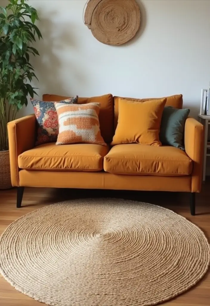27 Rug Ideas That Match a Caramel Couch Perfectly 4 27 Rug Ideas That Match a Caramel Couch Perfectly - 4. Natural Jute Rug