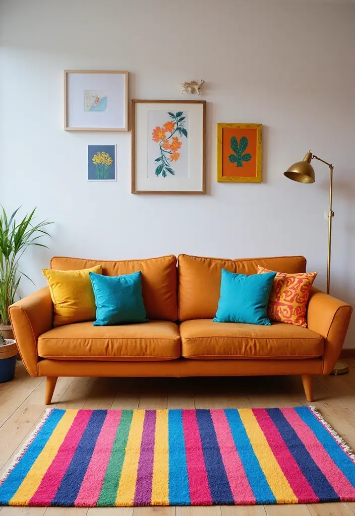 27 Rug Ideas That Match a Caramel Couch Perfectly 5 27 Rug Ideas That Match a Caramel Couch Perfectly - 5. Bold Striped Rug