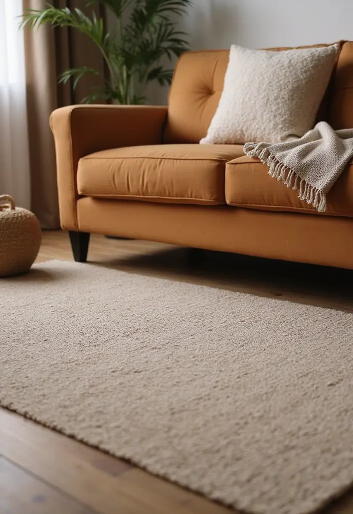 27 Rug Ideas That Match a Caramel Couch Perfectly 6 27 Rug Ideas That Match a Caramel Couch Perfectly - 6. Textured Wool Rug