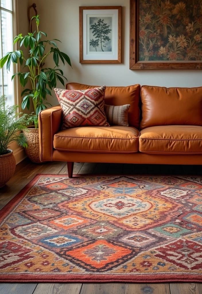 27 Rug Ideas That Match a Caramel Couch Perfectly 8 27 Rug Ideas That Match a Caramel Couch Perfectly - 8. Southwestern-style Rug