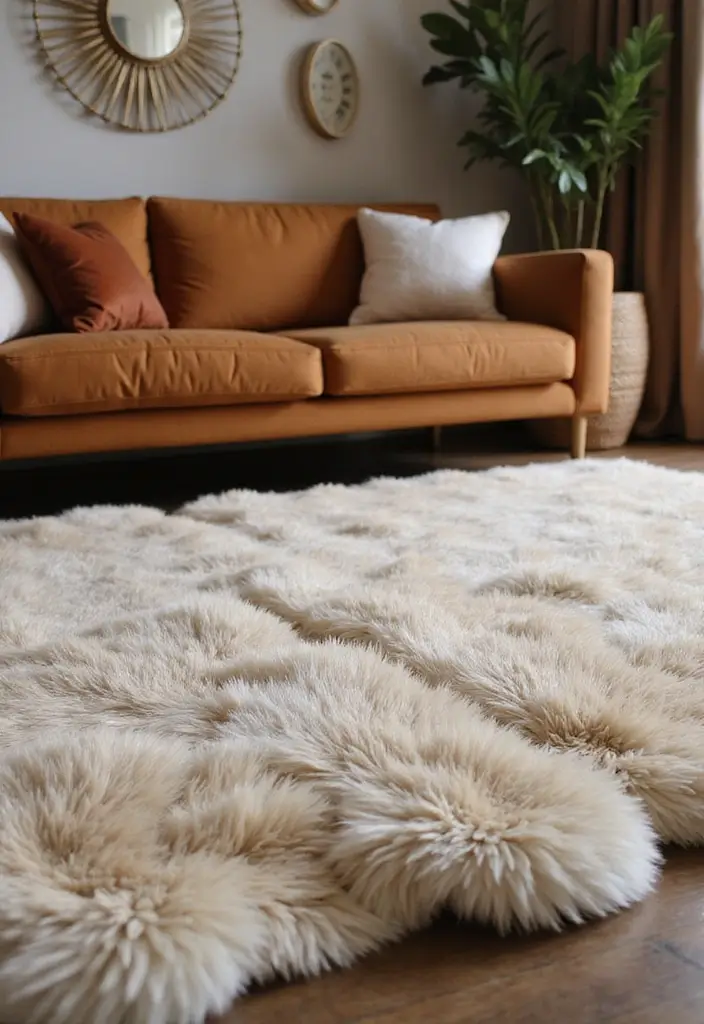 27 Rug Ideas That Match a Caramel Couch Perfectly 9 27 Rug Ideas That Match a Caramel Couch Perfectly - 9. Luxurious Faux Fur Rug