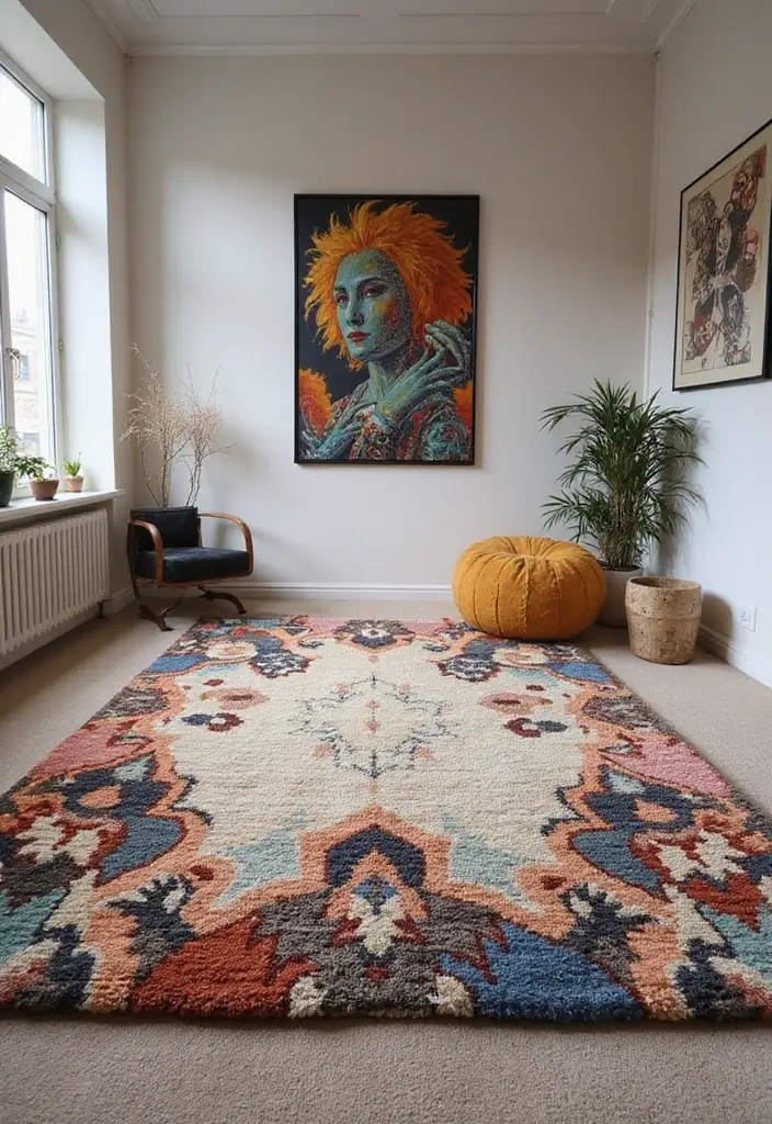 27 Rug-on-Carpet Ideas That Actually Look Good 13 27 Rug-on-Carpet Ideas That Actually Look Good - 13. Artistic Flair