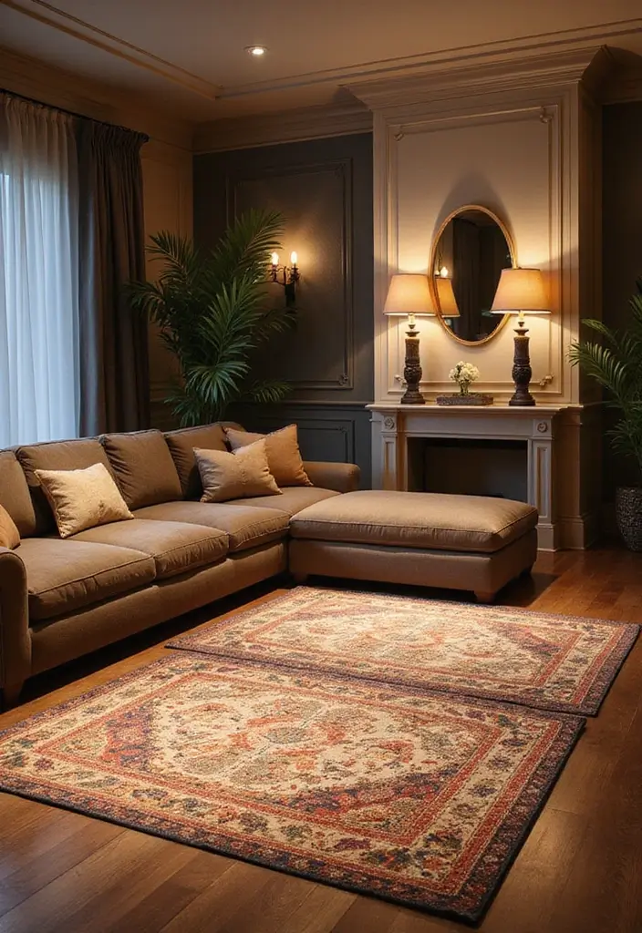 28 Creative Ideas for Using Two Rugs in One Room - 11. Layer with Lighting Effects