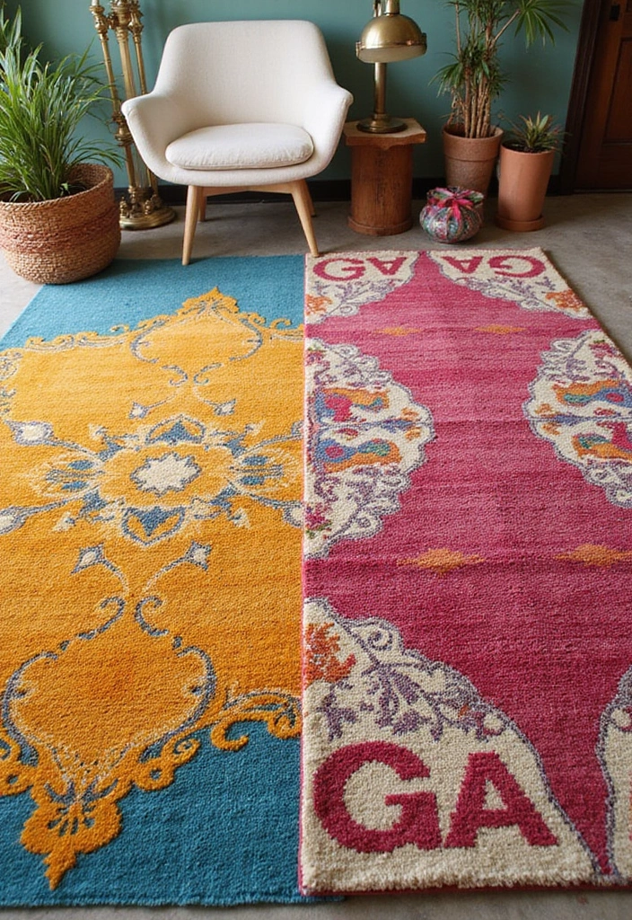 28 Creative Ideas for Using Two Rugs in One Room - 17. Create a Retro Vibe with Bold Colors