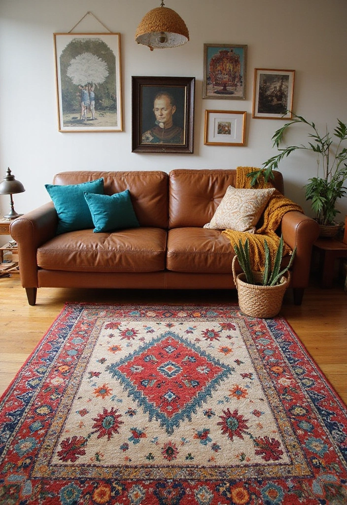 28 Stunning Rugs That Go With a Brown Leather Couch - 11. Eclectic Multi-Colored Rugs