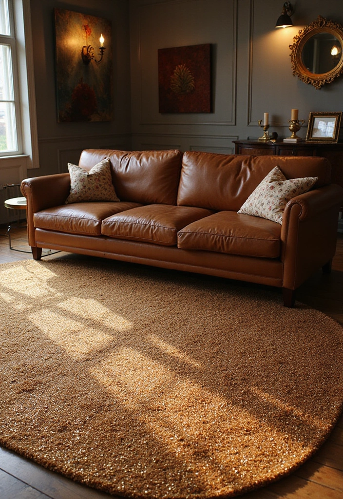 28 Stunning Rugs That Go With a Brown Leather Couch - 12. Luxurious Shimmering Rugs