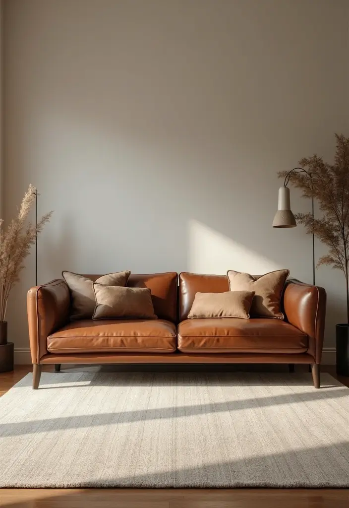 28 Stunning Rugs That Go With a Brown Leather Couch - 15. Subtle Tone-on-Tone Rugs